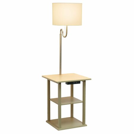 Simple Designs 57in 2 Tier End Table Floor Lamp Combo, 2 x USB Charging Ports & Power Outlet, White Shade, Tan LF2016-TAN